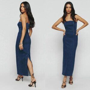 NWT Reformation Jeans Eugenia Denim Strapless Midi Dress Simcoe Blue Women's 2